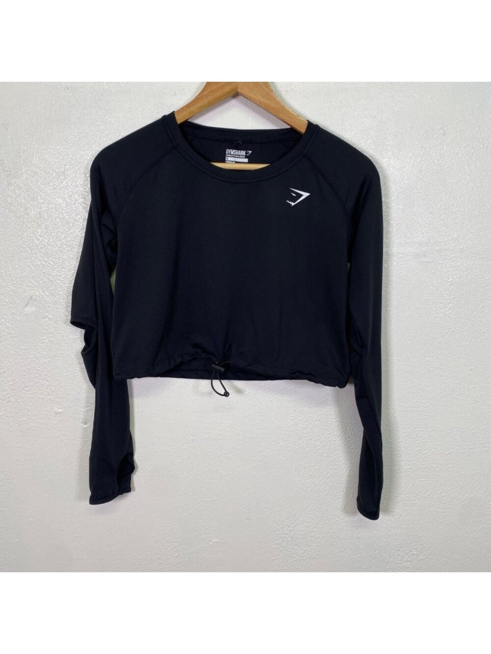 Gymshark Black Long-Sleeve Cropped Shirt Thumbholes Open Elbow Athleisure M